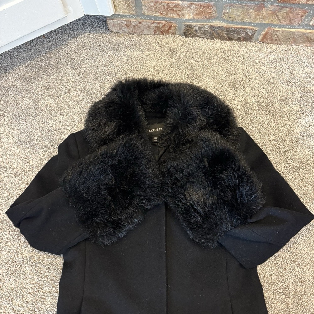 Express Wool Coat Size 5/6 Black Faux Fur Collar Cuffs Dressy Penny Lane Vintage